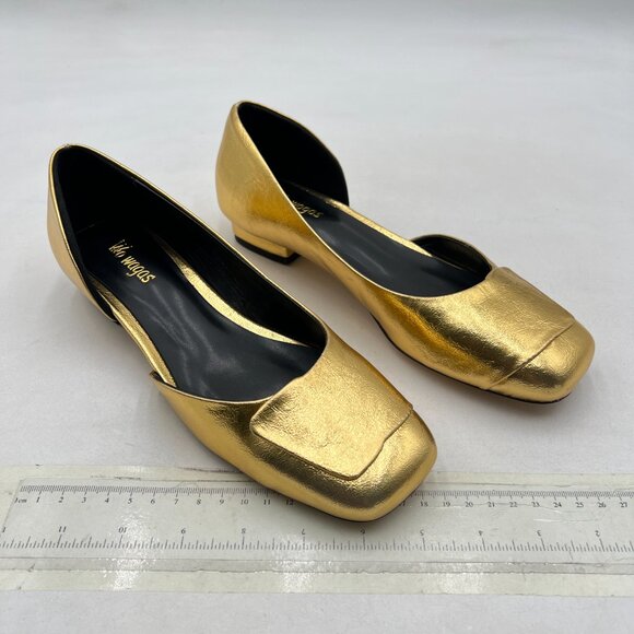 Wo Wagas Gold Side Cut Block Low Heeled Square Toe Slip On Pump Working Shoe - Picture 4 of 8